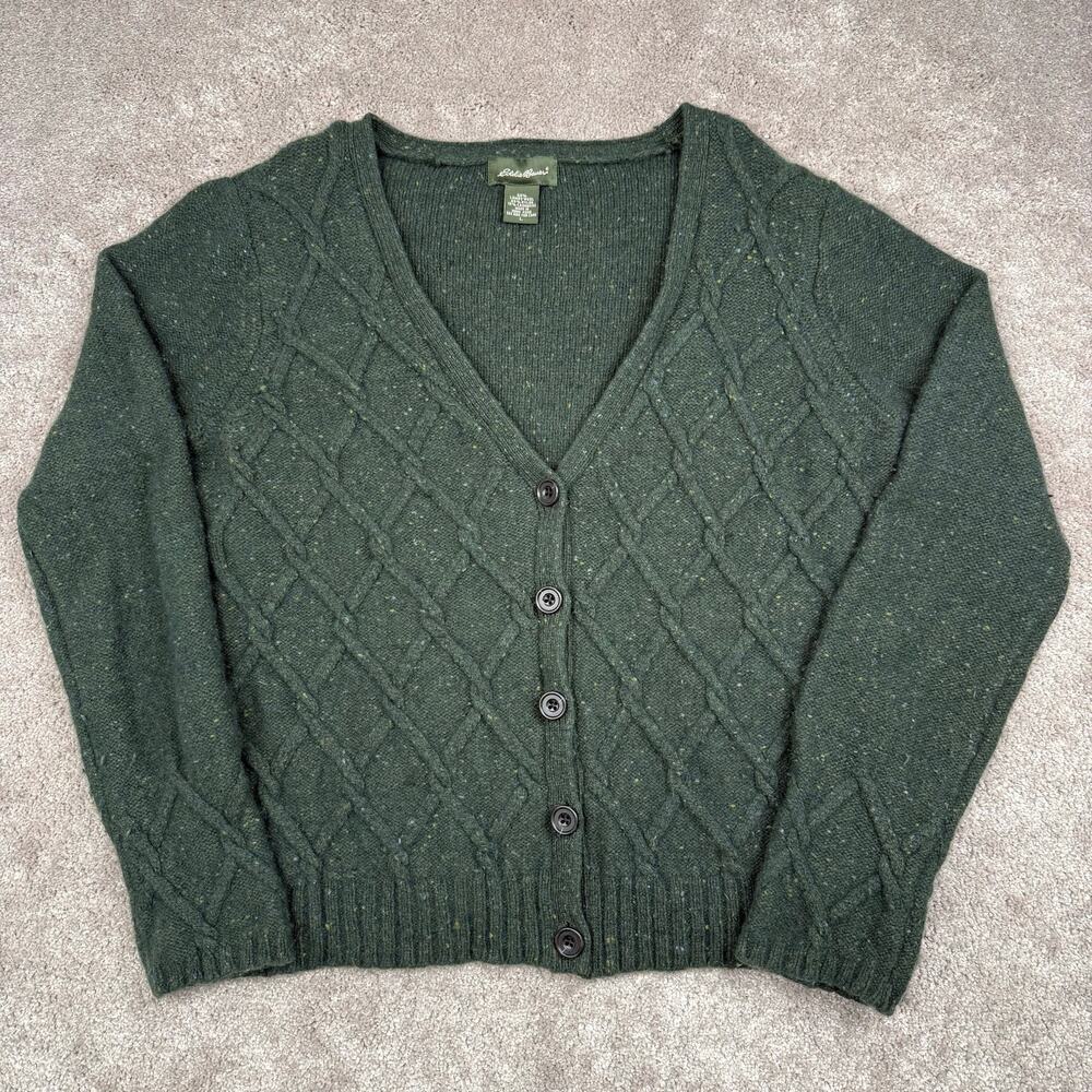 Eddie Bauer Cardigan Size L Green Cashmere Wool Cable Knit Tweed Sweater
